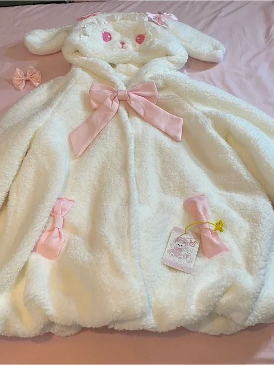 NWT Kawaii Huhu EGL Lolita White & Pink Bunny Hooded Coat + Leg Warmers Set - Picture 3 of 9